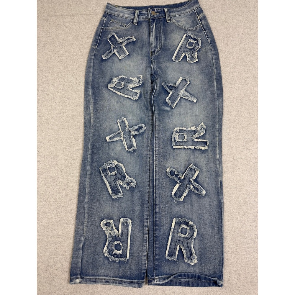 Unbranded Graphic Wide Leg Patchwork Jean Womens 29x28 Blue High Rise Distressed